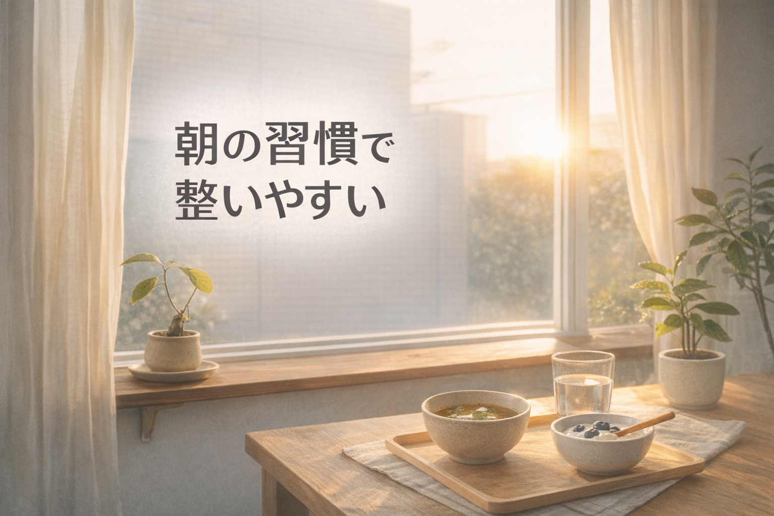 朝の光が入る部屋で味噌汁とヨーグルトの軽い朝食が並ぶ、思考型不眠の朝習慣のイメージ
