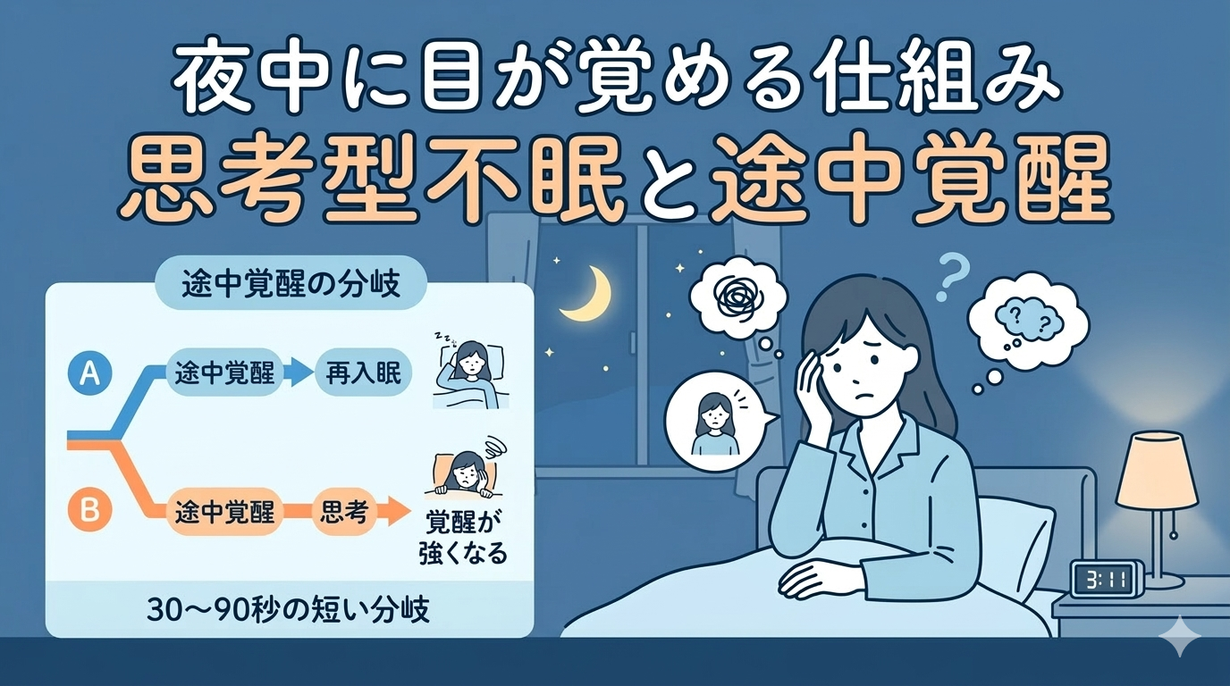 夜中に目が覚めて不安そうに考え事をする女性のイラスト。左側には「途中覚醒から再入眠へのルート」と「思考によって覚醒が強まるルート」の分岐を説明するミニ図解が添えられています。