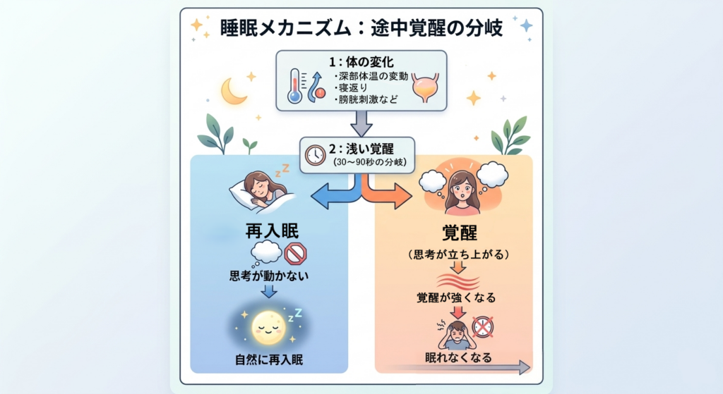 途中覚醒が起きた際、思考が動かないことで「再入眠」へ、思考が動くことで「覚醒」へ繋がる仕組みを説明したフローチャート。